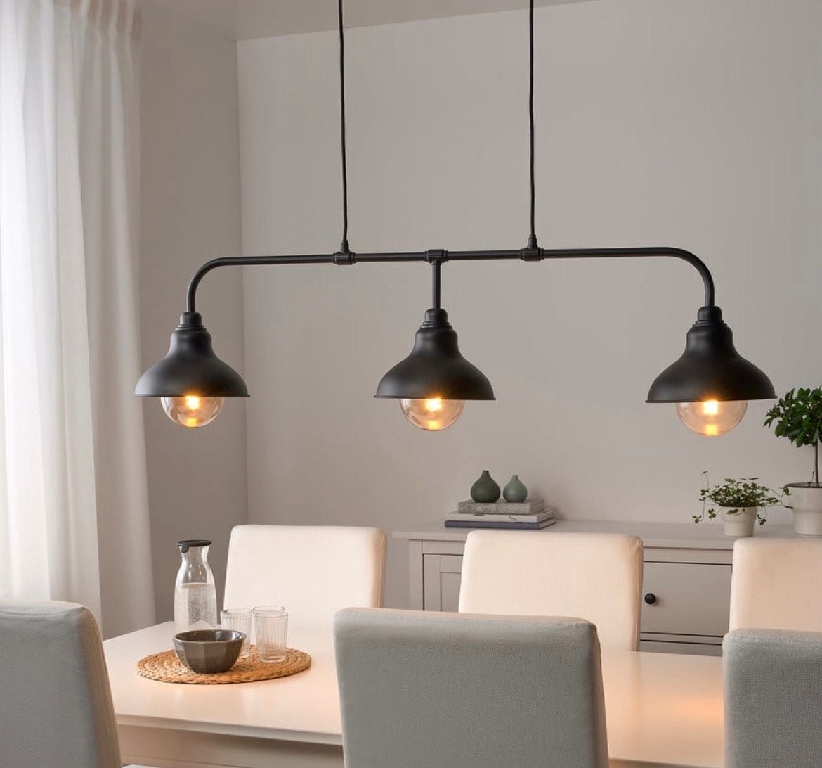 Industriële hanglamp met 3 kappen - Zwart metaal (IKEA), Ophalen, Zo goed als nieuw, Metaal, E27 (groot)