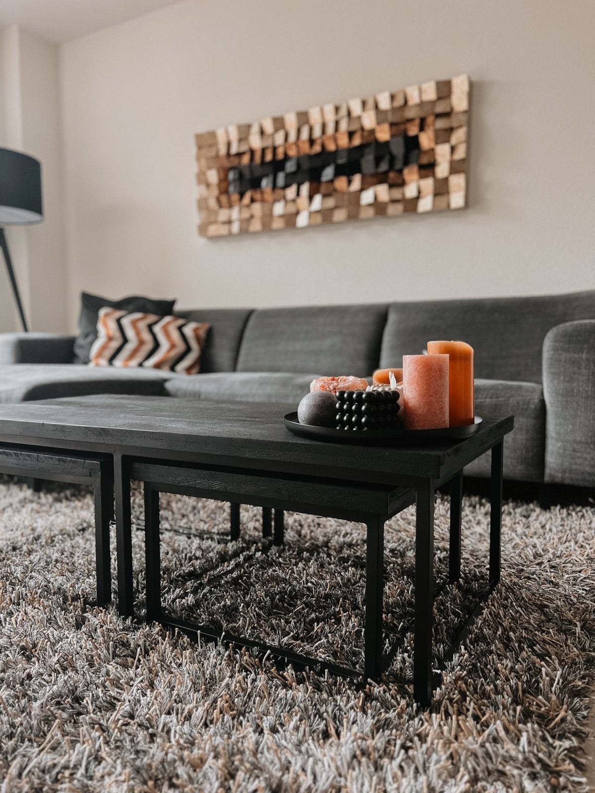 Zwarte houten salontafel set (3-delig) met metalen onderstel, Ophalen, Gebruikt, 50 tot 100 cm, Rechthoekig