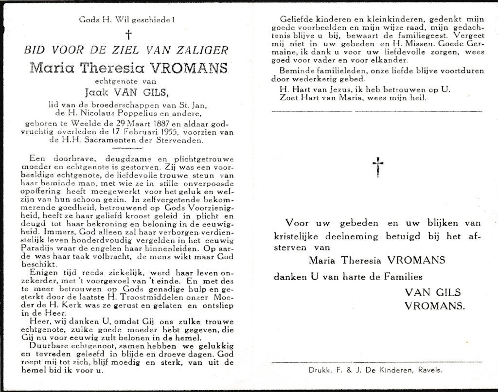 Vromans Maria 1887 Weelde 1955, Ophalen of Verzenden, Bidprentje