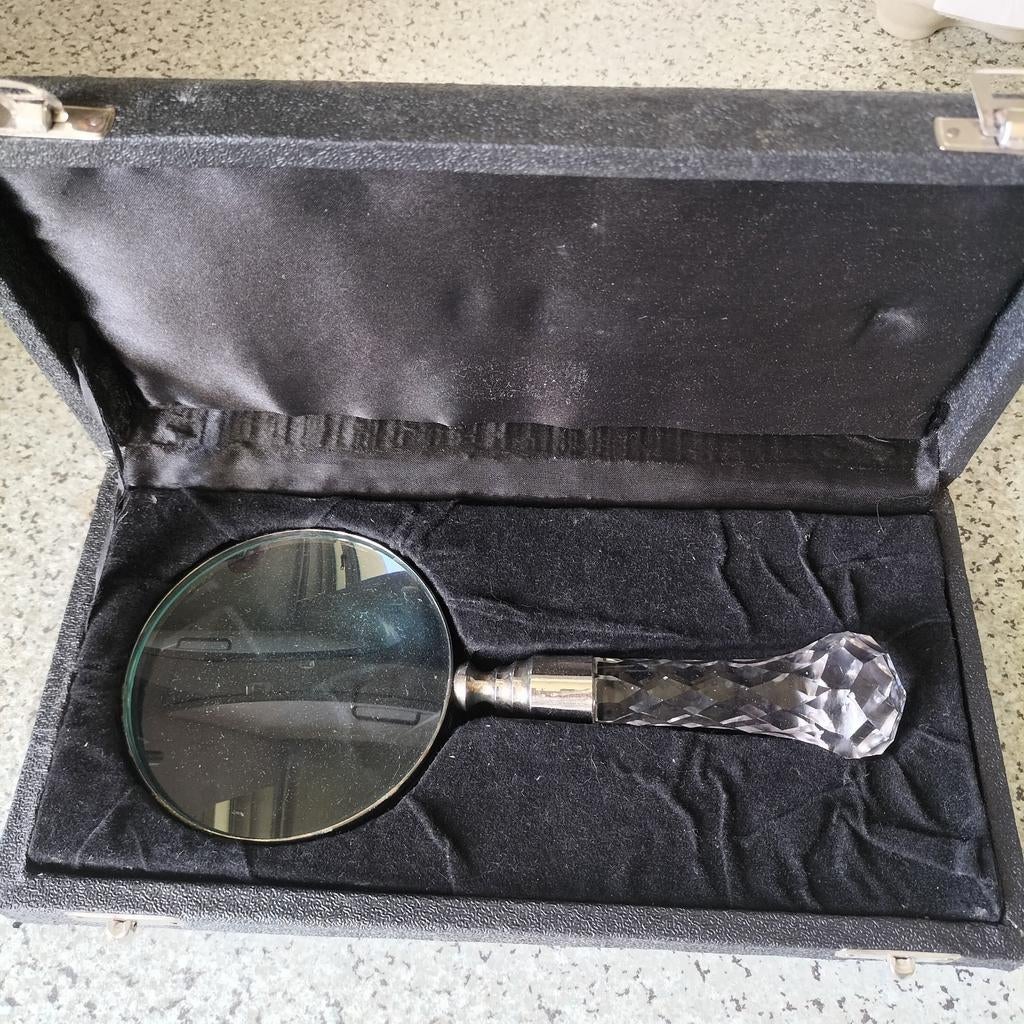 Antiek vergrootglas met geslepen handvat in doos, Ophalen of Verzenden, Zo goed als nieuw, Vergrootglas of Loep
