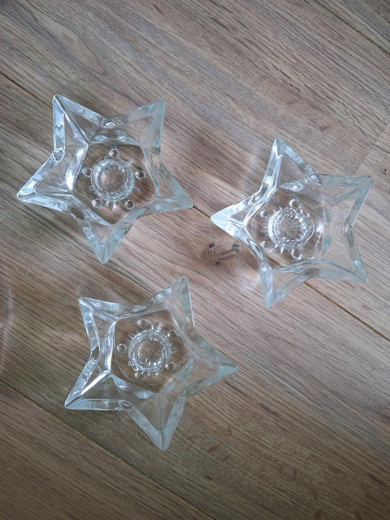 Drie glazen ster kandelaars, Ophalen of Verzenden, Overige materialen, Minder dan 25 cm