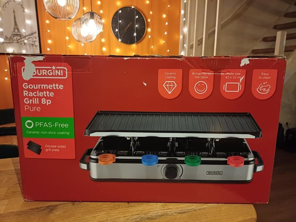 Nieuwe bourgini Raclette Grill 8p Pure in doos, Ophalen, Nieuw, 8 personen of meer