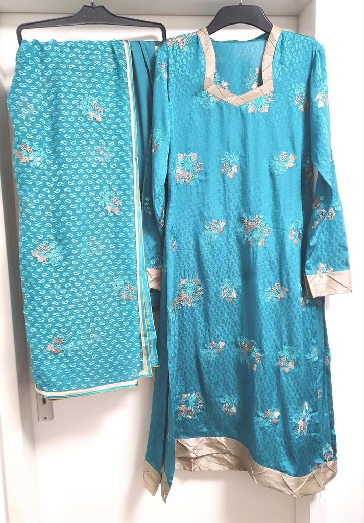Indiase Salwar Kameez Maat M - Geborduurd blauw beige, Maat 38/40 (M), Blauw, Nieuw, Ophalen of Verzenden