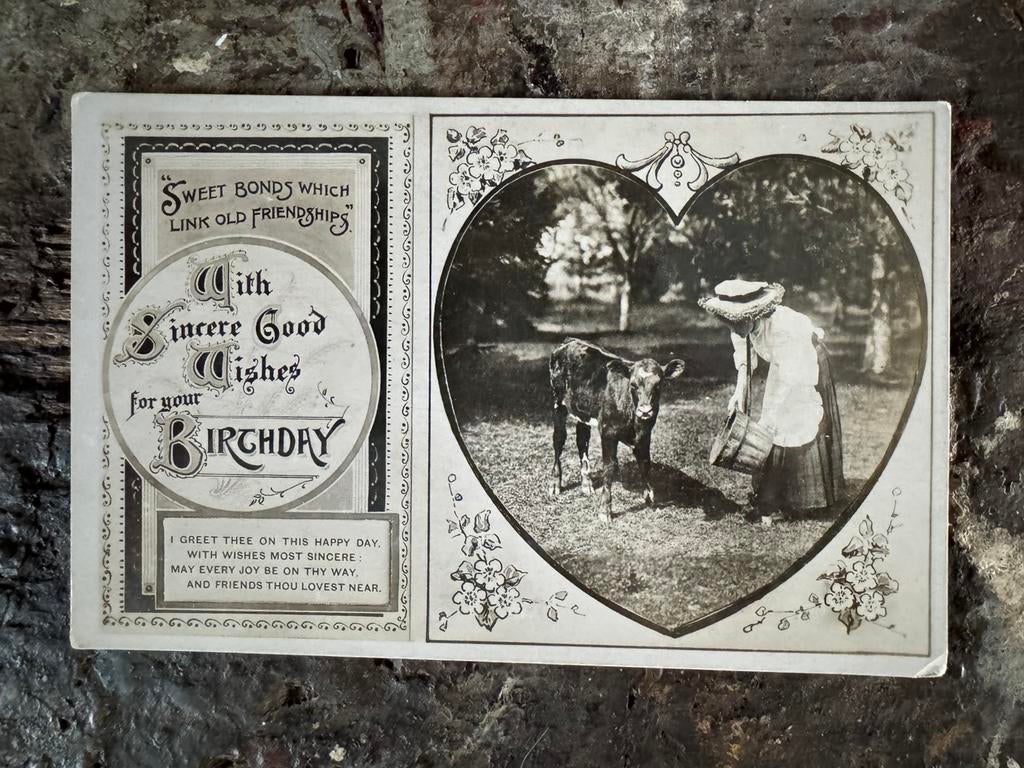Oude kaart, birthday wishes, meisje met koe 1912, Ophalen of Verzenden, Voor 1920, Kinderen