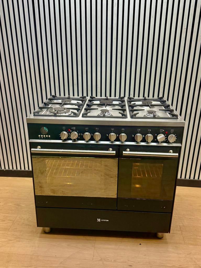 Luxe M-System Fornuis 6 pits antraciet met dubbele oven 90cm, Fornello Esperta, Refurbished, Ophalen of Verzenden, Energieklasse A of zuiniger