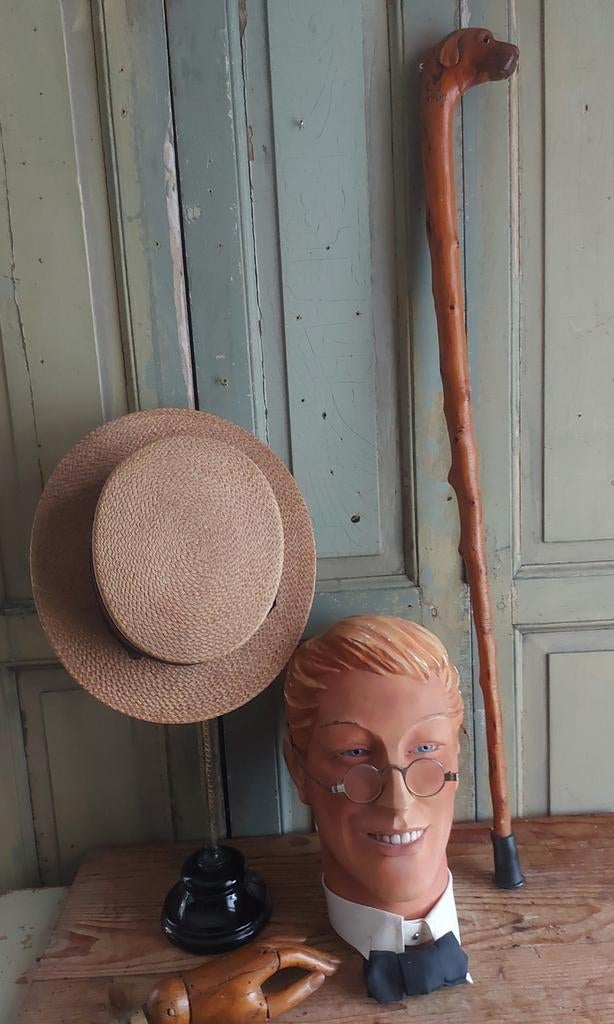 Antieke wandelstok hondenkop met glazen ogen gedateerd, Antiek en Kunst, Antiek | Overige Antiek, Ophalen of Verzenden