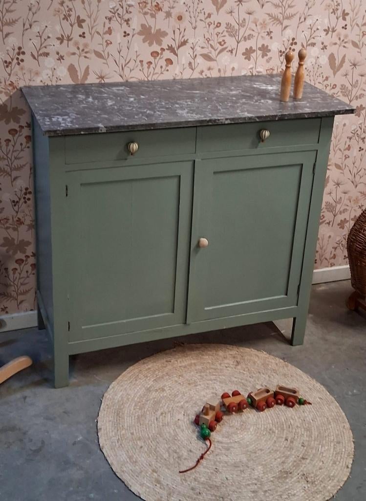 Vintage groene commode met marmeren blad ‘Eden’, 3771SH, Josièfine Vintage Line, Ophalen of Verzenden, Info@josiefine.nl