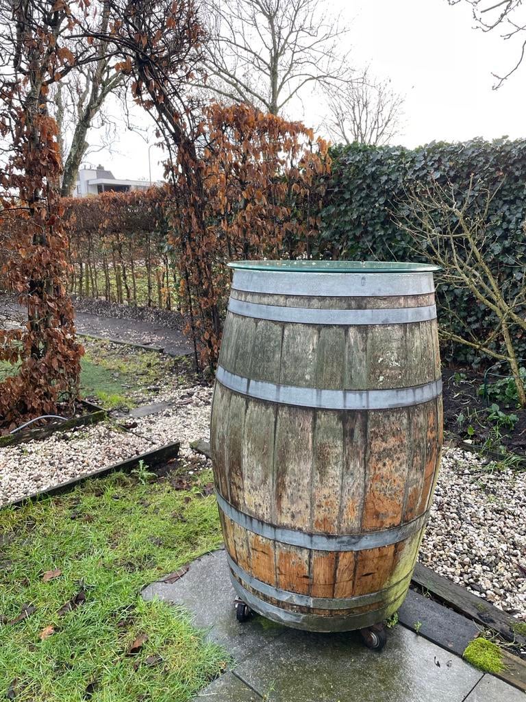 Wijnvat Stamtafel met Wieltjes en Glasplaat (statafel), Ophalen of Verzenden, Gebruikt, Hout, Overige typen