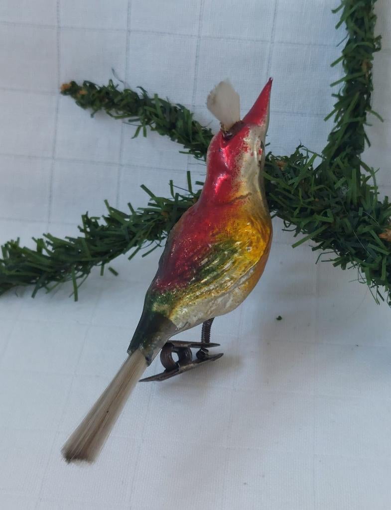 Oude Antieke kerstbal vogel met kuif op knijper, Diversen, Kerst, Verzenden