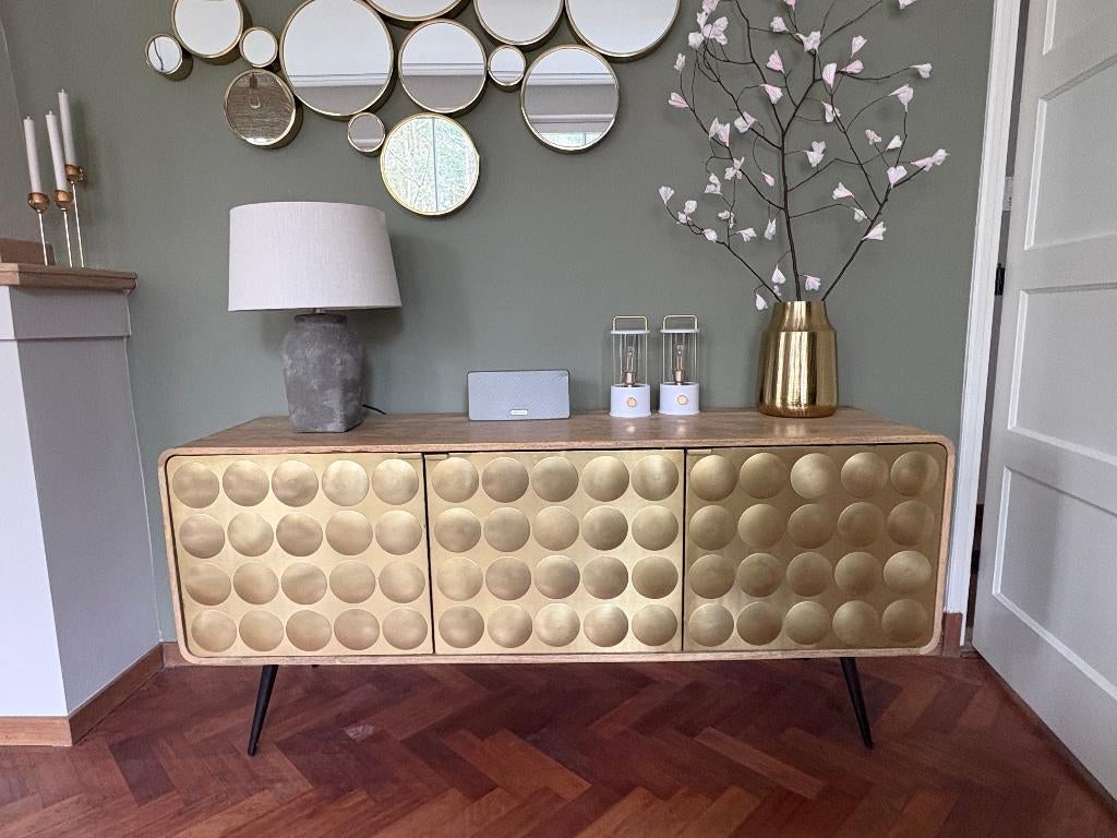 Dressoir, massief mangohout, goudkleurig, 174cm als nieuw, Ophalen, Luxe, retro uitstraling, goud, massief, mangohout, Met deur(en)