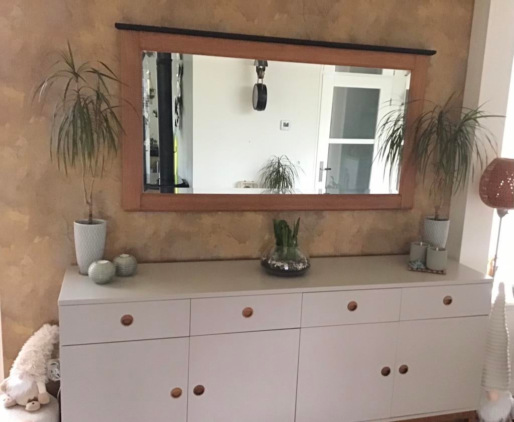 Grote houten spiegel met facetrand: 1.50 m bij 80 cm, Huis en Inrichting, Woonaccessoires | Spiegels, Ophalen, 125 cm of meer