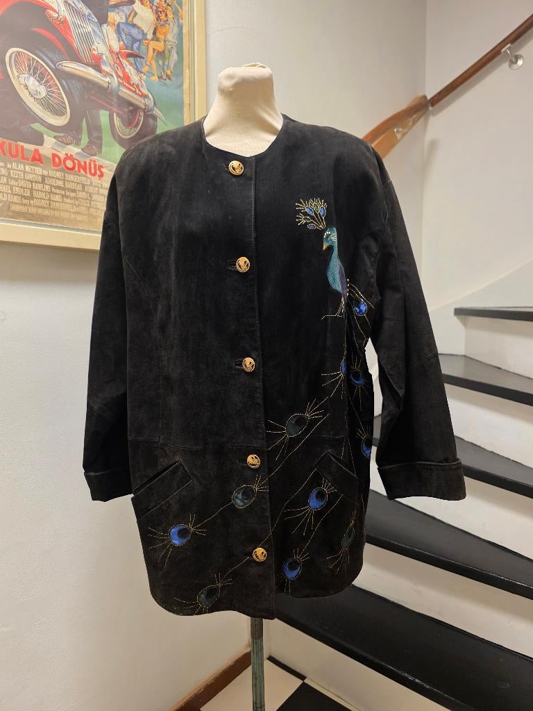 YV7470: Vintage 1980s Dino Suede Leather Jackets Jas, Maat 38/40 (M), Zwart, Ophalen of Verzenden, Jasje
