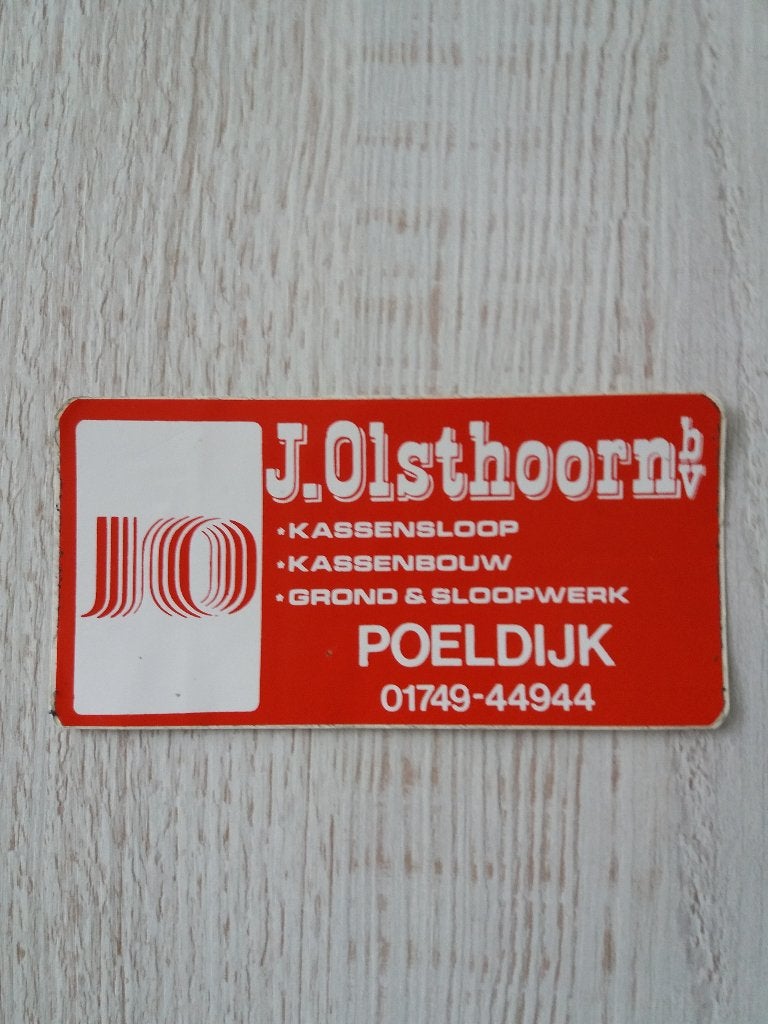 sticker J. Olsthoorn bv kassen sloop ,kassenbouw te Poeldijk, Ophalen of Verzenden, Zo goed als nieuw, Bedrijf of Vereniging
