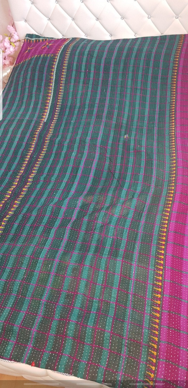 Handgemaakte Kantha deken/sprei -, Groen, 150 tot 200 cm, 200 cm of meer, Ophalen of Verzenden