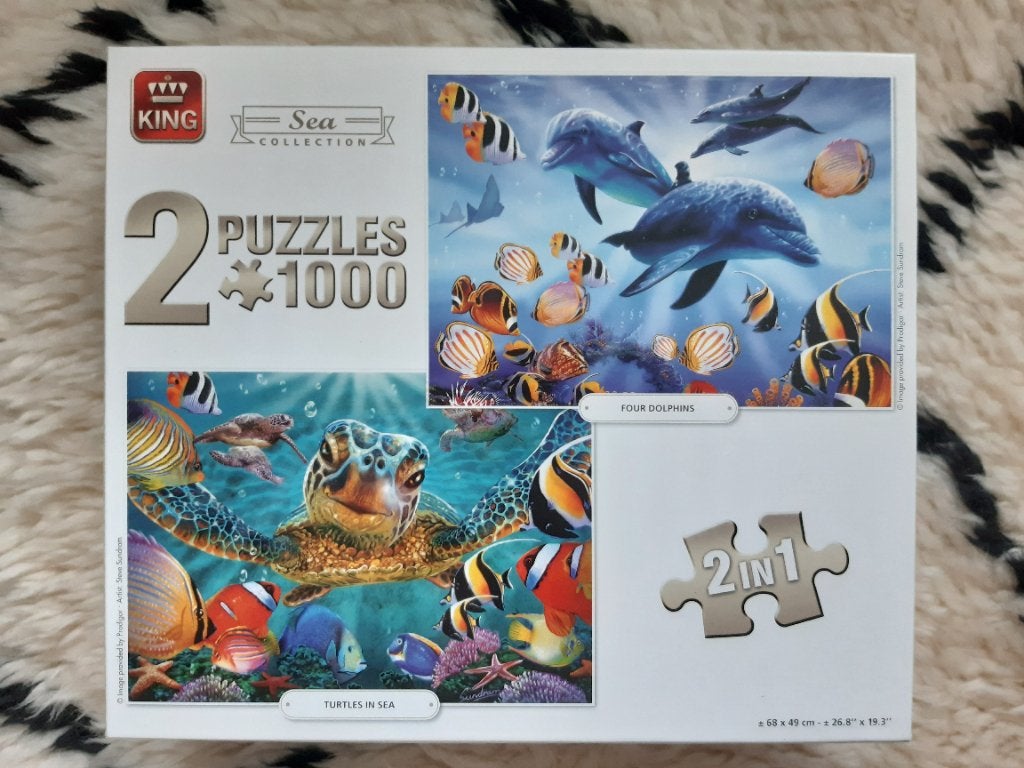 King puzzel dolfijnen en zeeschildpad 2 x 1000, Ophalen, 500 t/m 1500 stukjes, Zo goed als nieuw, Legpuzzel
