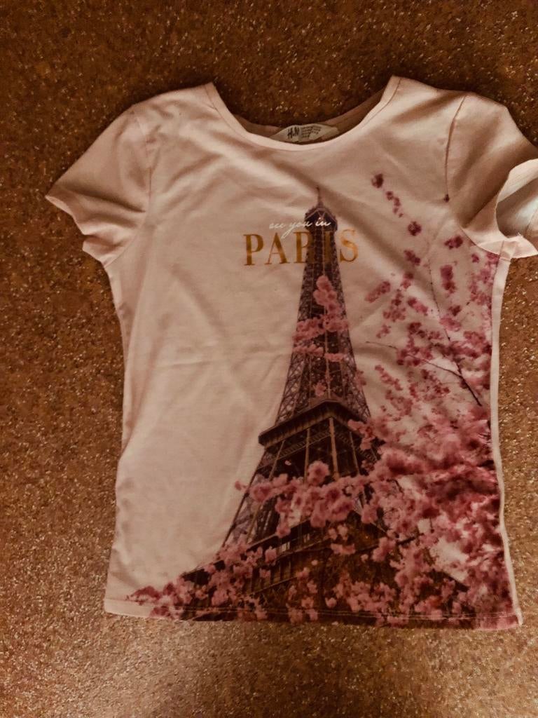 H&M T-shirt Parijs Eiffeltoren Roze Maat 134-140, Ophalen of Verzenden, Gebruikt, Meisje, Shirt of Longsleeve