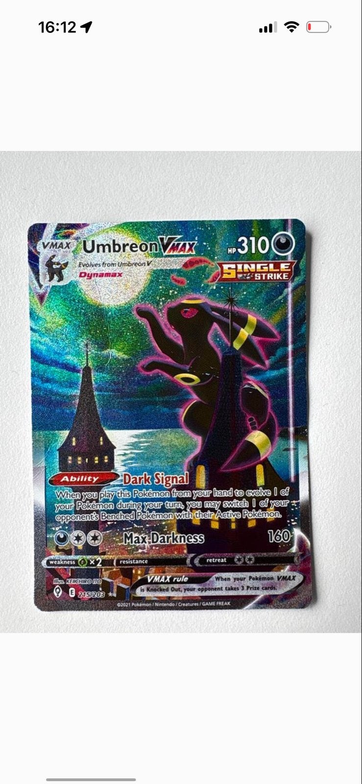 Pokémon Kaart Umbreon VMAX Alt Art 215/203 Evolving Skies, Ophalen of Verzenden, Gebruikt, Losse kaart, Foil
