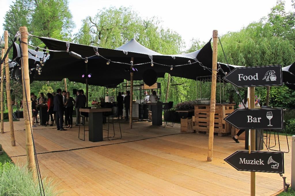 Te koop: gebruikte Stretchtent 10 x 10,5 m ZWART, Tuin en Terras, Partytenten, Gebruikt, Opvouwbaar, Partytent, 6 meter of meer