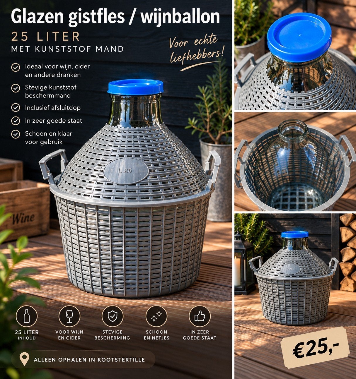 Glazen gistfles / wijnballon 25 liter met mand, Ophalen