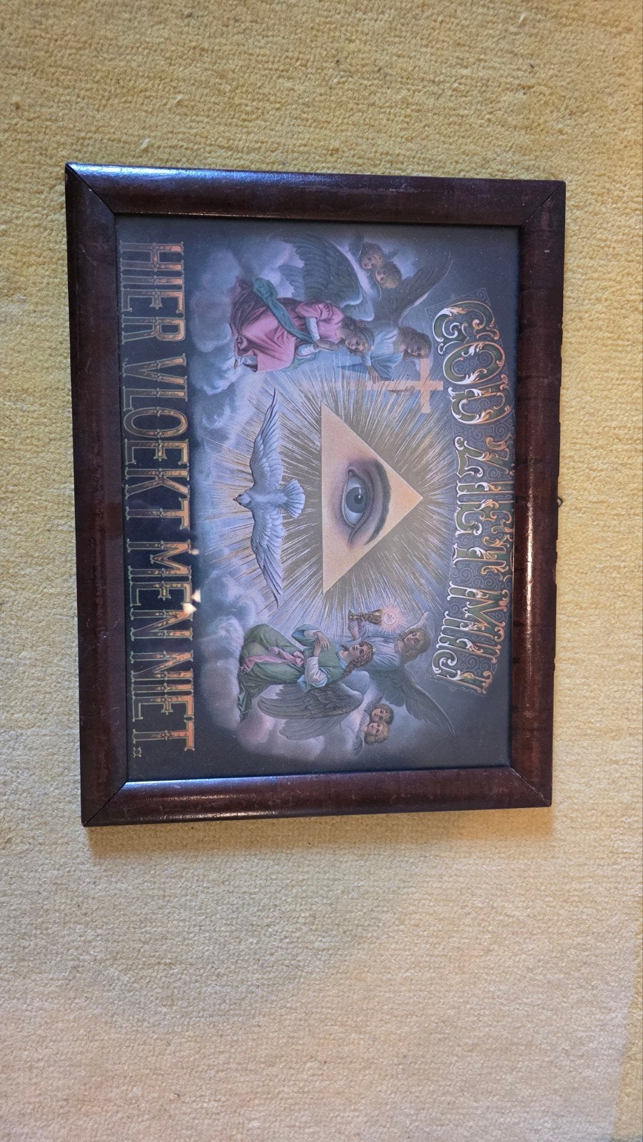 Vintage ingelijste print "God ziet mij. Hier vloekt men nie, Antiek en Kunst, Ophalen of Verzenden