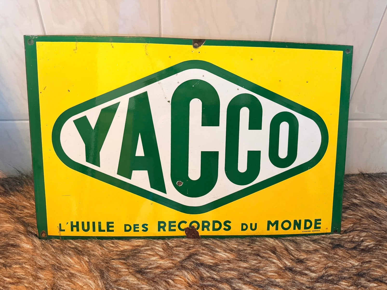 Emaille reclamebord YACCO motorolie, Ophalen, Gebruikt, Reclamebord