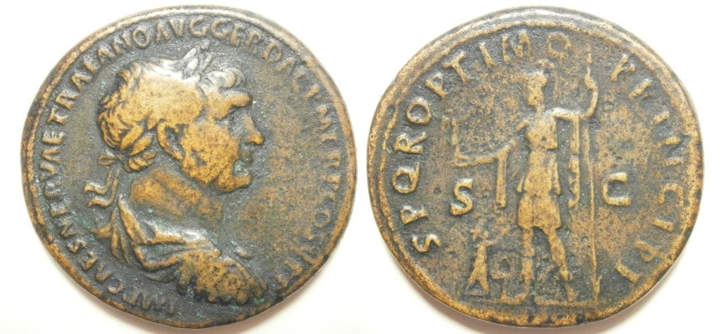 Romeinse munt Trajanus Æ Sestertius SPQR OPTIMO PRINCIPI S., Postzegels en Munten, Munten | Europa | Niet-Euromunten, Ophalen of Verzenden