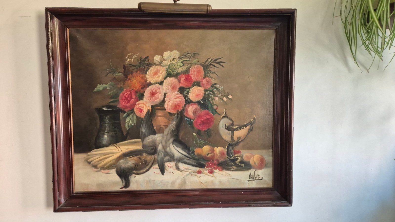 Groot stilleven met bloemen, vogels en fruit (115x95 cm), Antiek en Kunst, Kunst | Schilderijen | Klassiek, Ophalen