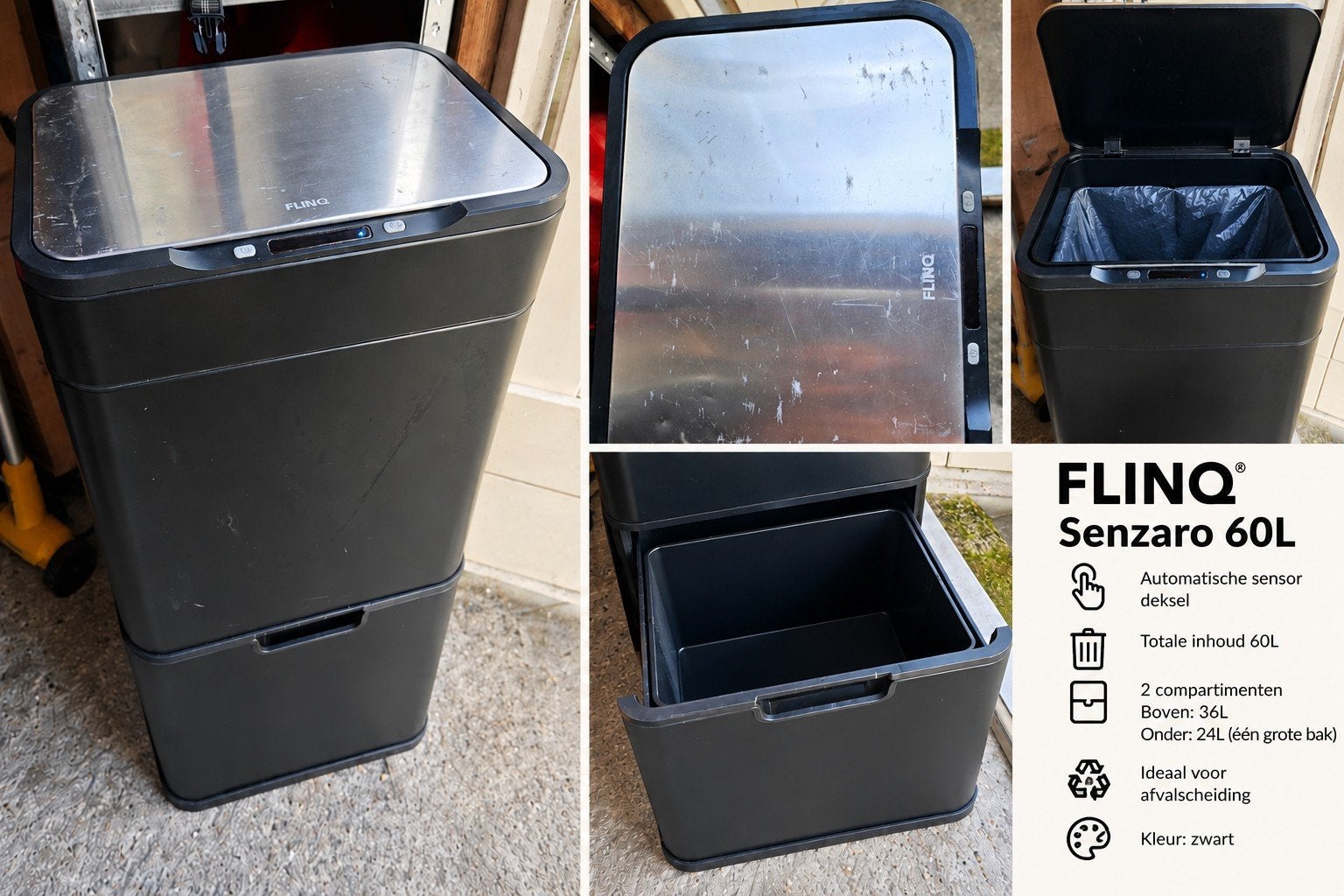 FlinQ Senzaro Sensor Prullenbak 60L - Zwart, Ophalen