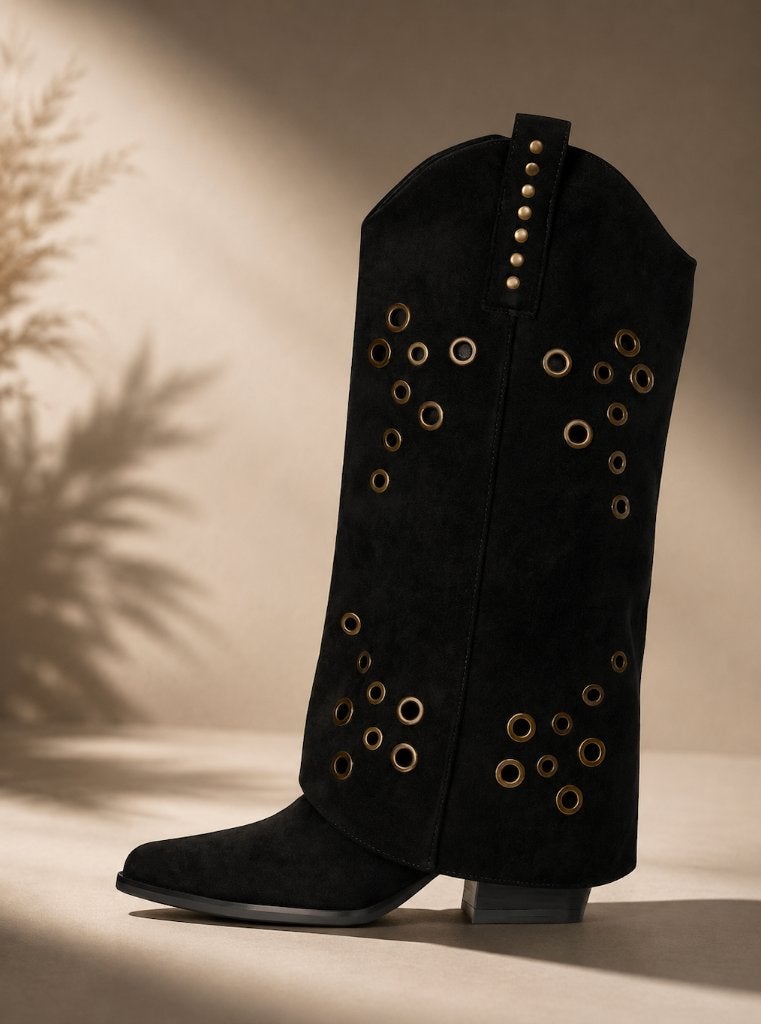 Boho Western Laarzen – Black & Gold Maat 37, Hoge laarzen, Zwart, Nieuw, Ophalen of Verzenden