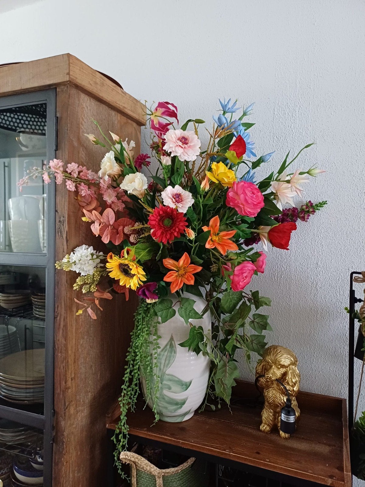 Groot kleurrijk kunstbloemen boeket in vaas, Binnen, Nieuw, Textiel, Ophalen of Verzenden