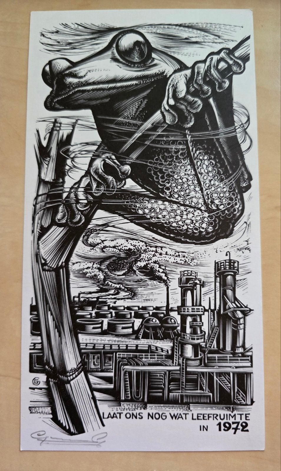 115) HOUTSNEDE GERARD GAUDAEN: LAAT ONS NOG WAT LEEFRUIMTE, Houtsnede, 11 cm, 21 cm, 1950 - 1999
