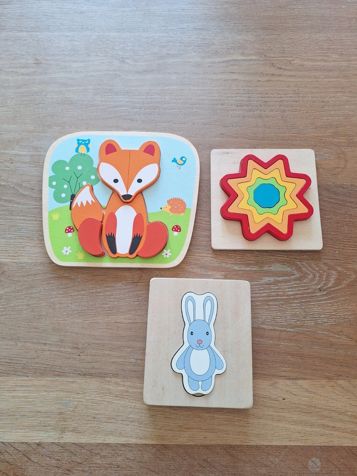 Houten puzzels: Vos, konijn en ster, Ophalen of Verzenden, Gebruikt, Overige typen