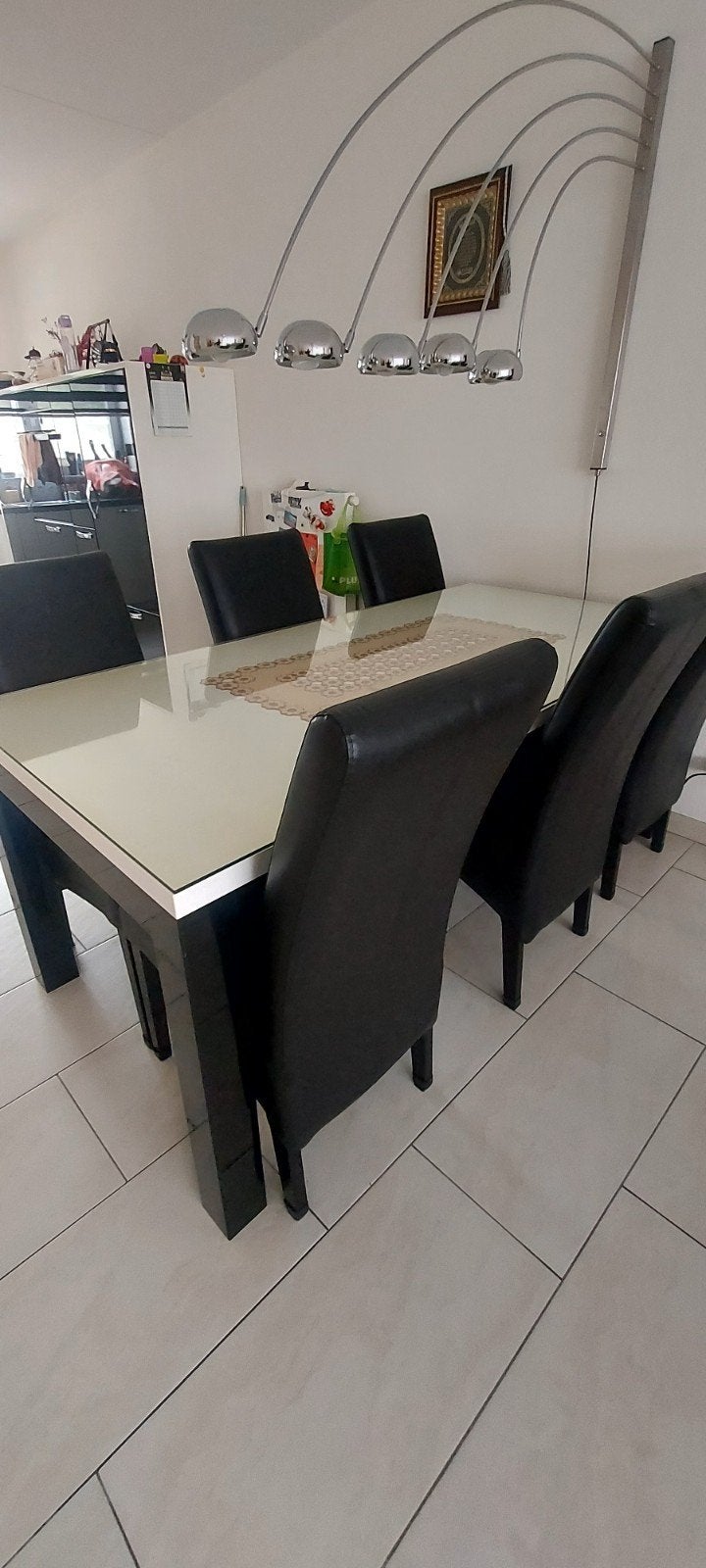 Hoogglans eettafel 90x190 met 6 leren stoelen en glasplaat, Ophalen, Gebruikt, 50 tot 100 cm, Vijf personen of meer