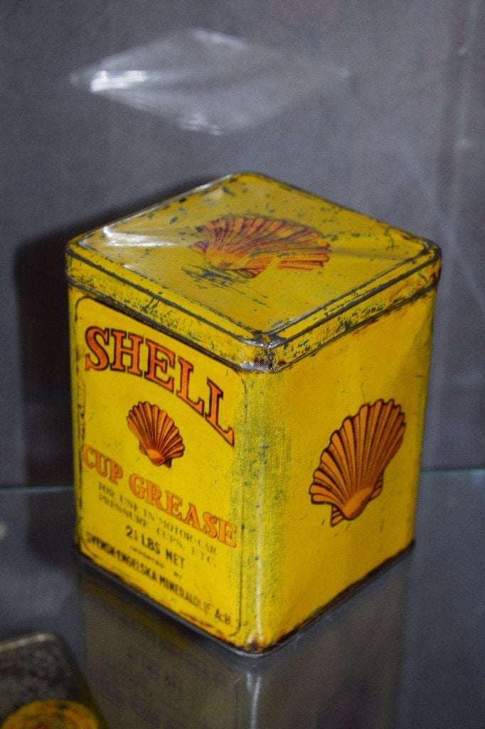 Zeldzame vet pot shell 1930 olie blik, Verzamelen, Merken en Reclamevoorwerpen, Ophalen of Verzenden, Gebruikt, Reclamebord