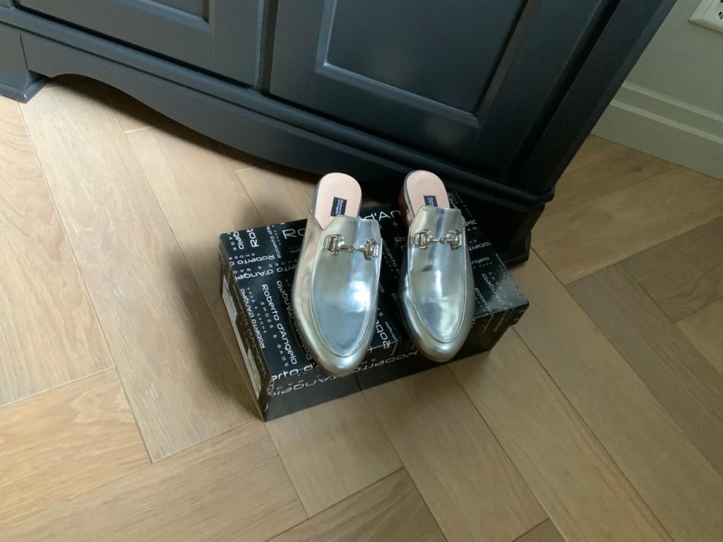 Nieuwe zilveren muiltjes Roberto d’ Angelo, maat 39., Kleding | Dames, Ophalen of Verzenden, Nieuw, Overige kleuren, Sandalen of Muiltjes