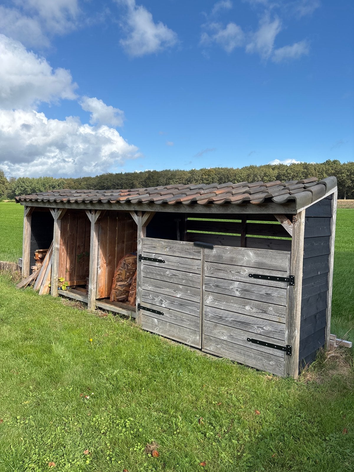 Houtopslag met extra opslagruimte, Tuin en Terras, Ophalen, Gebruikt, 250 tot 500 cm, Schuur