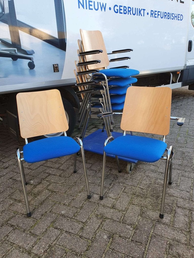 8x kantinestoel / vergaderstoel , stapelbaar en koppelbaar, VST, Blauw, Ophalen of Verzenden, Zo goed als nieuw