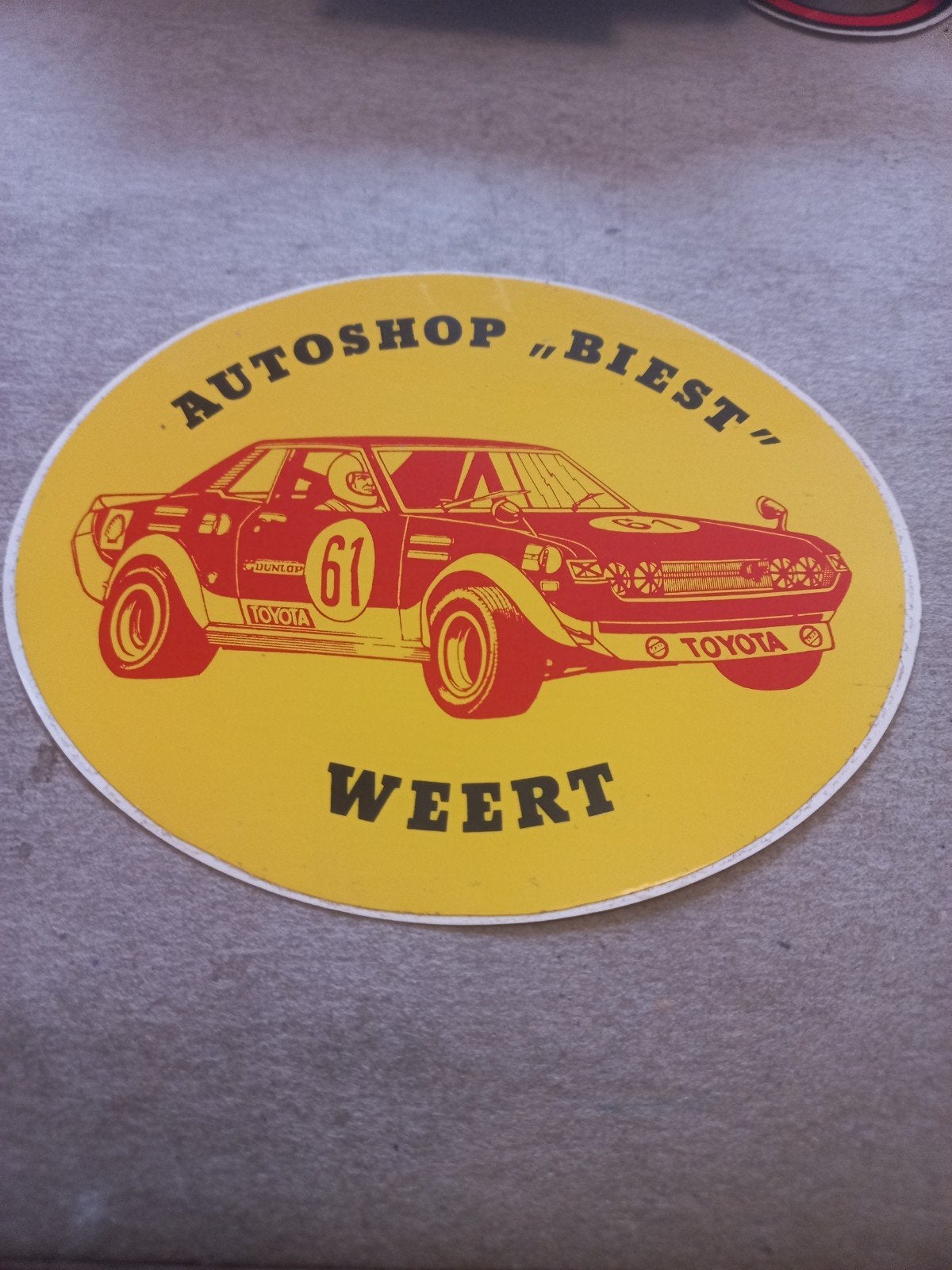Vintage Autoschop "Biest" Weert Toyota Celica Sticker, Ophalen of Verzenden, Gebruikt