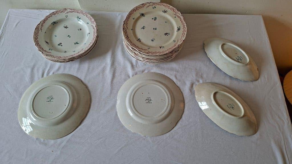 Antiek Frans Terre de Fer servies Saxe 20-delig ca. 1890, Antiek en Kunst, Antiek | Servies compleet, Ophalen