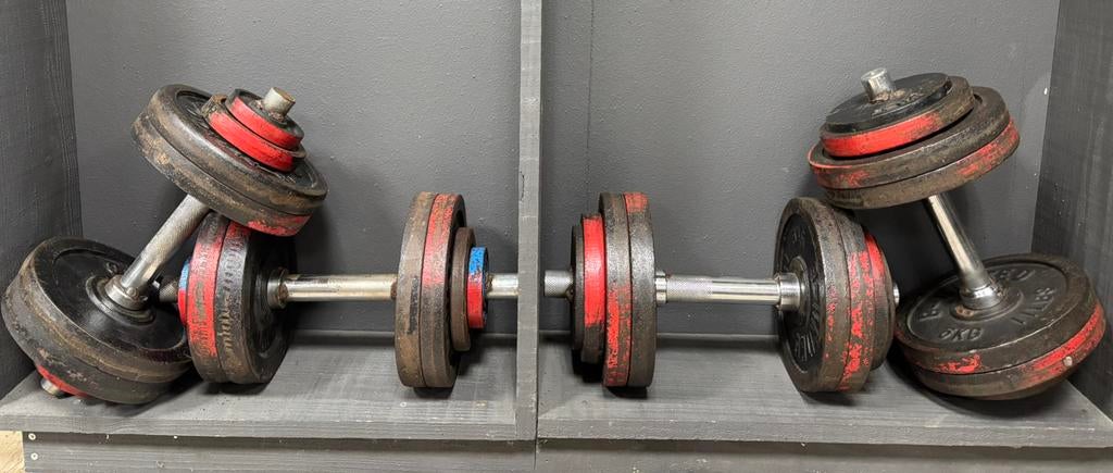 Oude/vintage/oldskool fitness dumbells, 2 paar, 25 en 30 kg, Dumbbell, Gebruikt, Ophalen of Verzenden, X