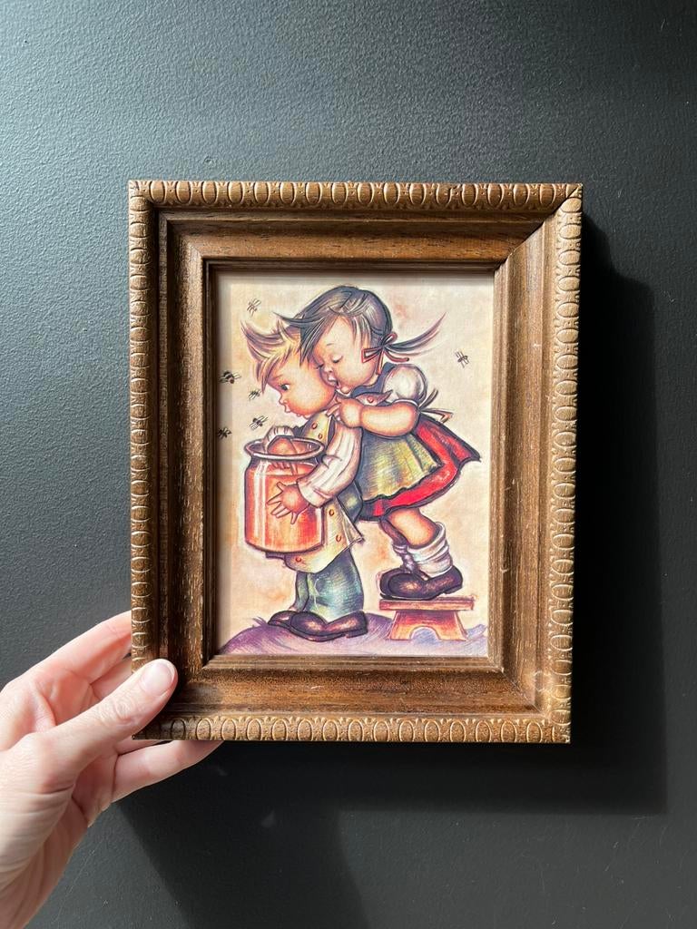 Vintage Hummel prent in houten lijst, Gebruikt, Ophalen of Verzenden, 1940 tot 1960, Prent