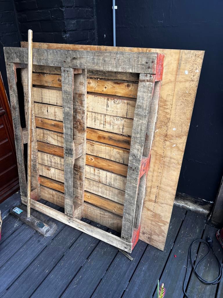 Gratis pallet 120x100 en plaat, Ophalen, Gebruikt, Minder dan 25 mm, Pallet