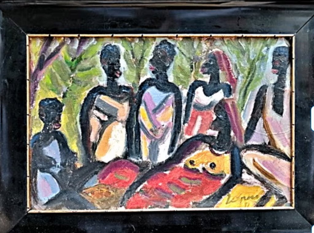 Jespers '51 "" African scene "" olieverf op paneel, Verzenden