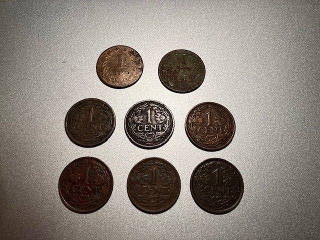 8 x 1 cent Nederland 1878-1941, zie de foto's, Ophalen of Verzenden, Koningin Wilhelmina, 1 cent, Losse munt