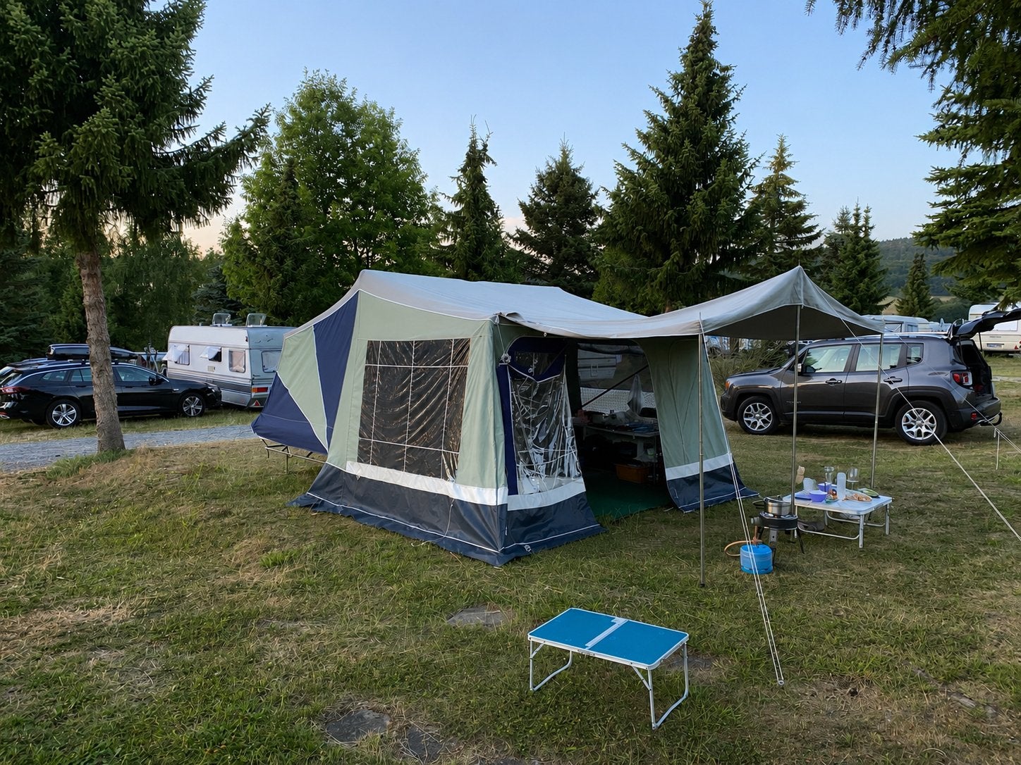 Camp-let Apollo Lux vouwwagen uit 1990 met bermkeuken, Caravans en Kamperen, Ophalen, Blauw, Aanwezig, Camp-Let