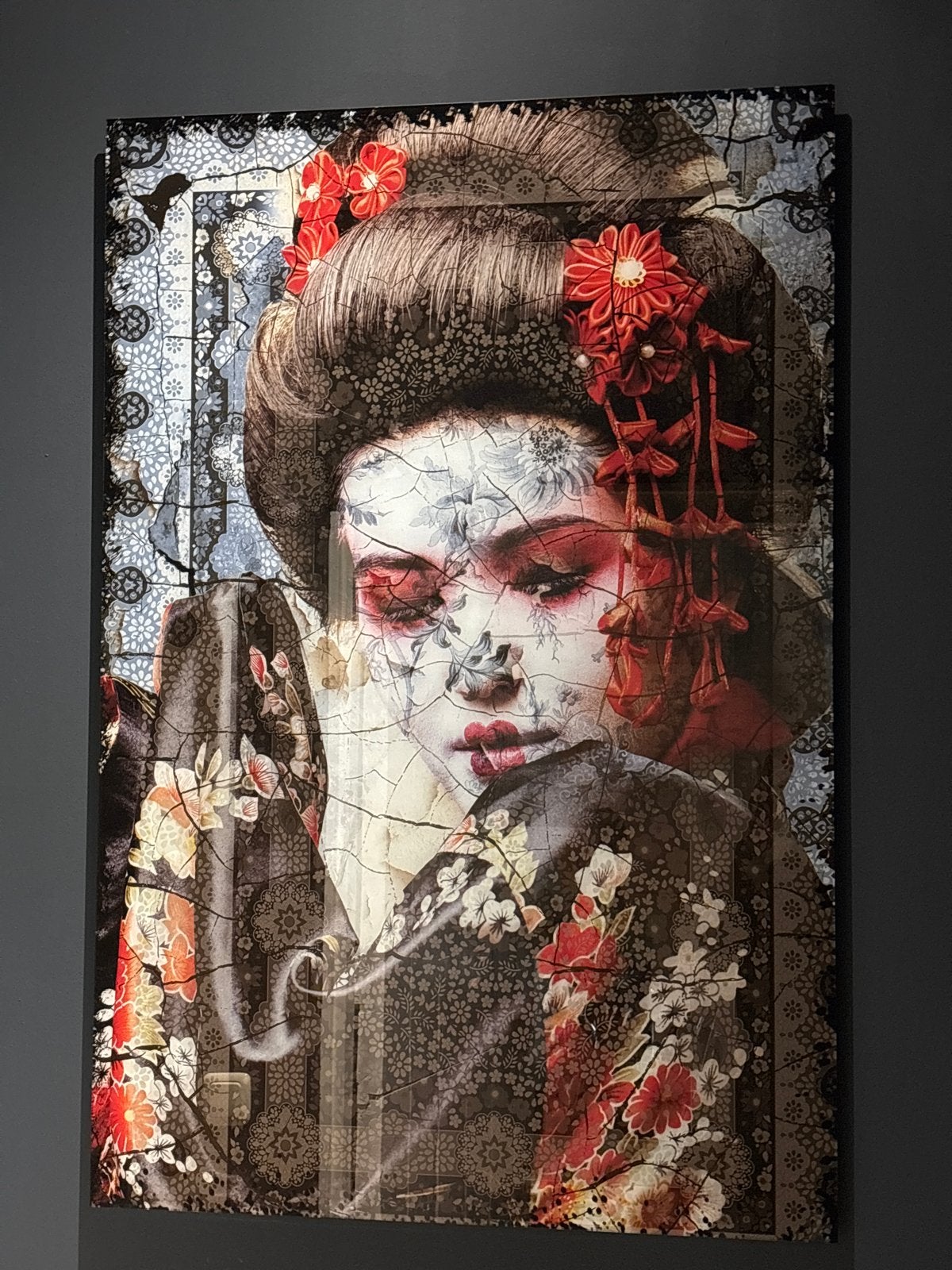 Modern glasschilderij Japanse Geisha 80x120, Ophalen, Figuren, Met textuur, Glas