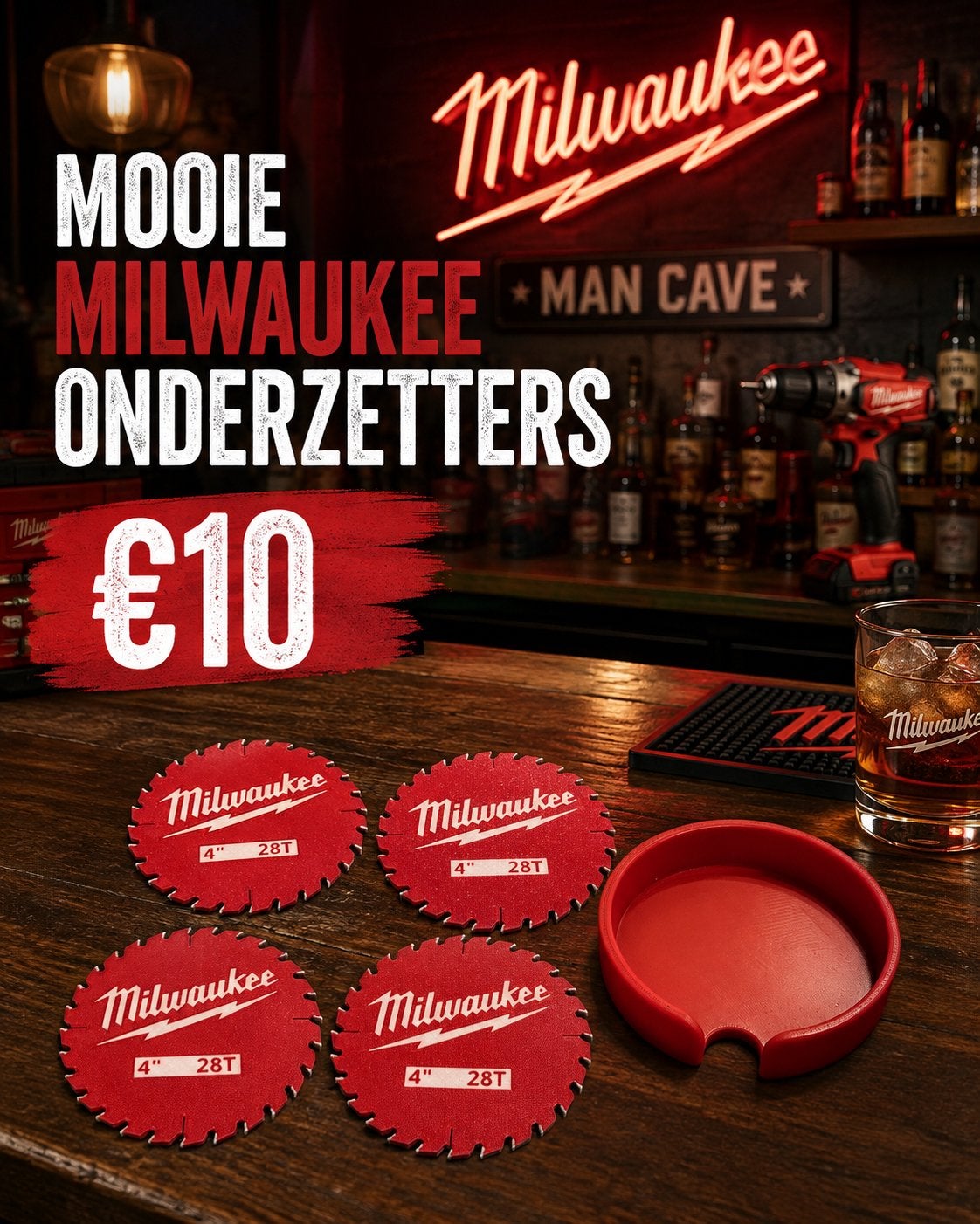 Milwaukee onderzetters 4 stuks in mooie bak, Glasonderzetter, Nieuw, Ophalen of Verzenden, Rood