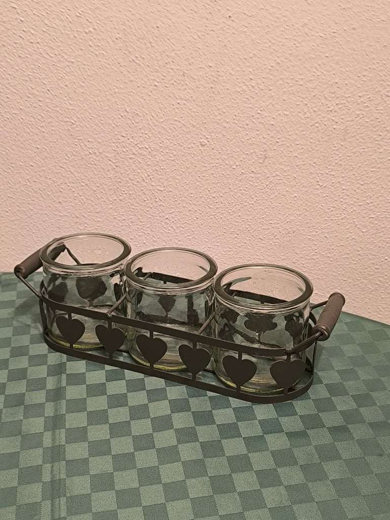 Nieuwe metalen kaarsenhouder met 3 glazen potjes, Nieuw, Ophalen of Verzenden, Metaal, Grijs