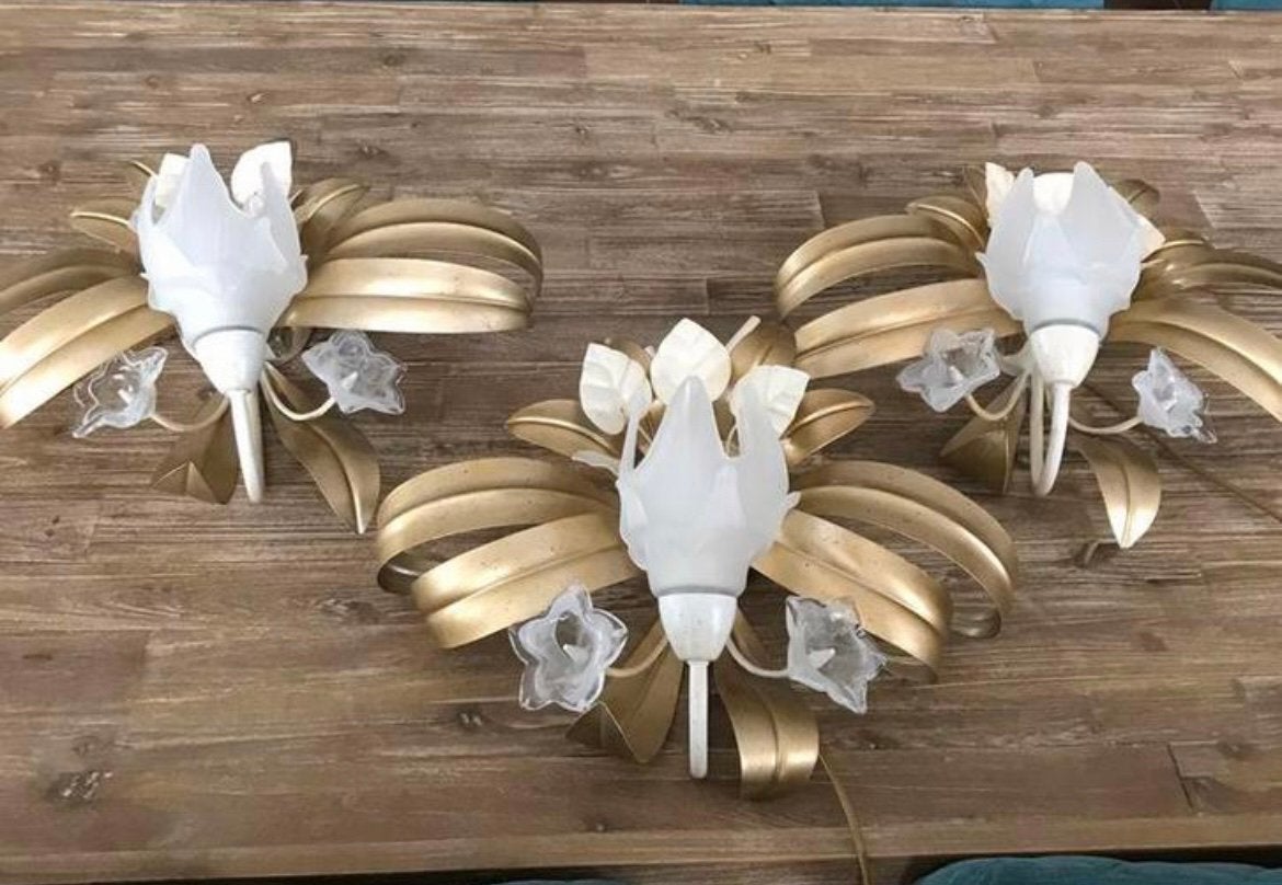 Prachtige set van drie Italiaanse vintage wandlampen, Ophalen of Verzenden, Goud, Wandlamp, Glas