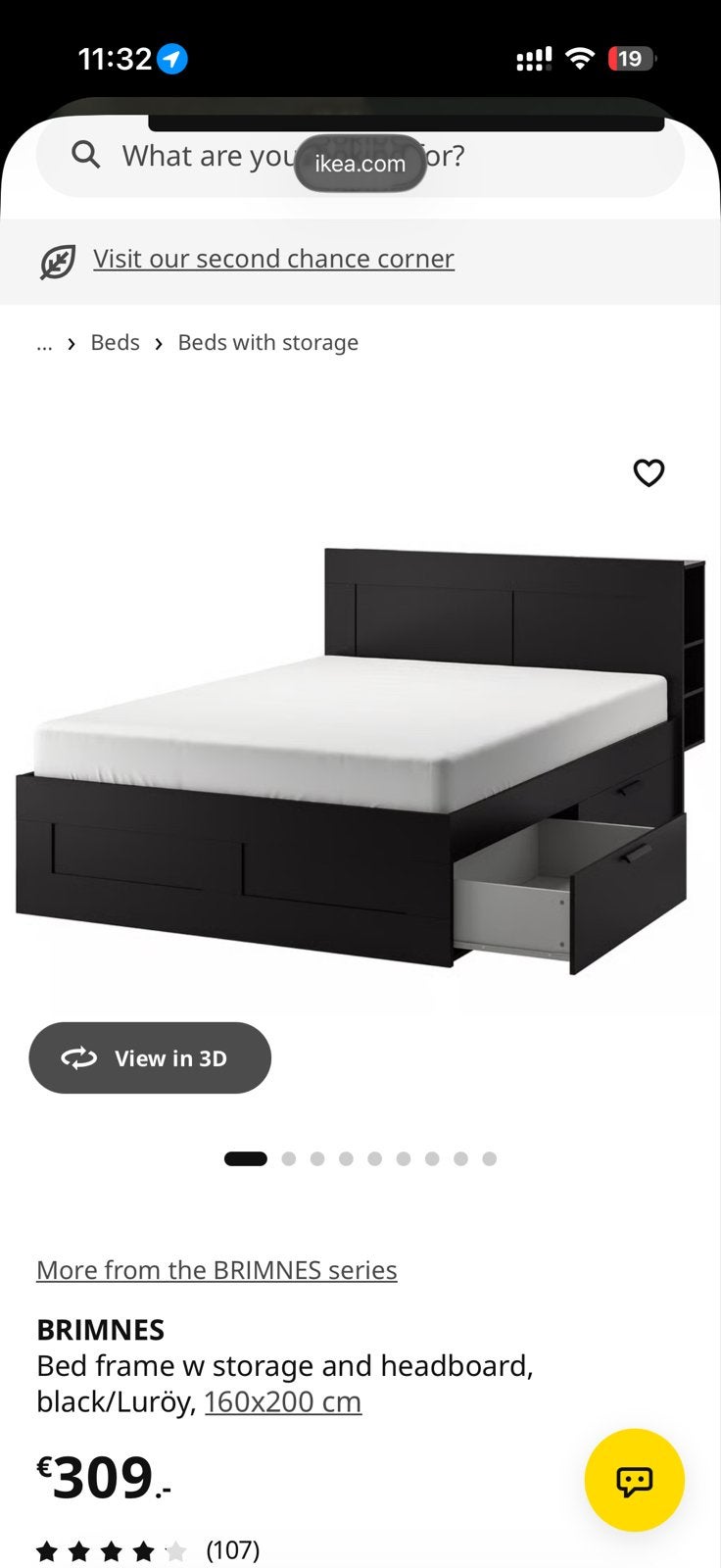 IKEA BRIMNES Tweepersoonsbed 160x200 met opbergruimte, Ophalen, Gebruikt, Zwart, Tweepersoons